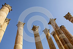 Corinthian capitals decorating the columns of the Temple of Artemis, Jerash, Gerasha, Jordan