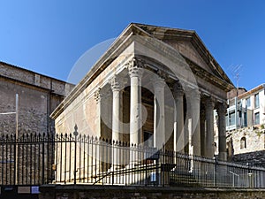 Corinthian columns and capital in Roman Temple in Vic, Catalonia, Spain