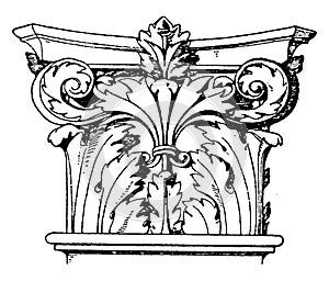 Corinthian Pilaster Capital, encircled with artificial leaves, vintage engraving