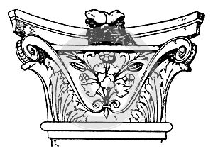 Corinthian Pilaster Capital,  pilaster is broader in proportion to its height, vintage engraving