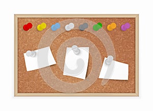 Cork Board with different pushpins and pinned notes, vector Bulletin Board in wooden frame