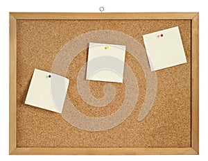 Cork board with hanger and three bulletins.