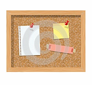 Cork board with pinned paper notepad sheets realistic vector illustration.