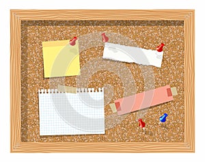 Cork board with pinned paper notepad sheets realistic vector illustration.