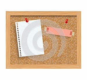 Cork board with pinned paper notepad sheets realistic vector illustration.