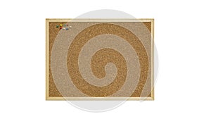 Cork bulletin board with wooden frame on isolated white background