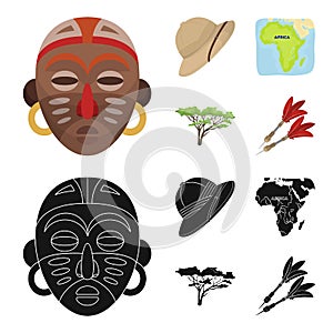 Cork hat, darts, savannah tree, territory map. African safari set collection icons in cartoon,black style vector symbol