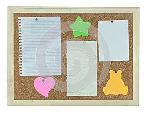 Cork notice board with stick note, paper, pin
