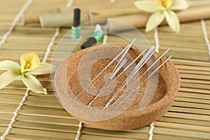 Cork plate with acupuncture needles on bamboo mat