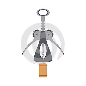 Cork screw and wine stopper, stock vector illustration isolated on white background. Vector corkscrew, uncork process