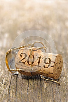 Cork stopper of champagne with new year`s date 2019