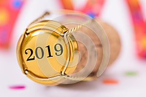 Cork stopper of champagne with new year`s date 2019