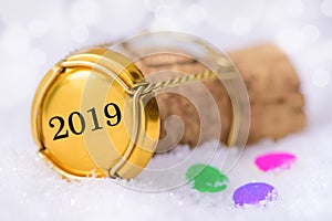 Cork stopper of champagne with new year`s date 2019