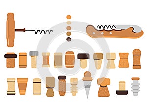 Cork stoppers collection. Different types and forms bungs and plugs for alcohol bottles. Tailspin for opening wine.Champagne produ