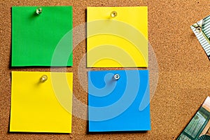 Corkboard/Bulletin Board and blank Sticky Notes in Yellow, Green and Blue, arranged orderly fashion