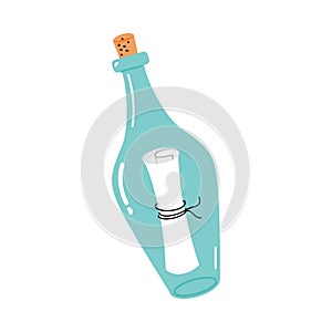 Corked Glass Bottle with Rolled Up Piece of Paper Inside Vector Illustration