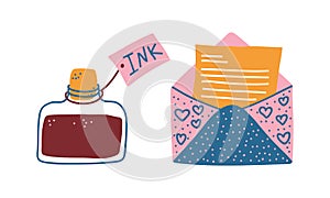 Corked Ink Jar and Open Envelope with Letter as Postal Symbol Vector Set