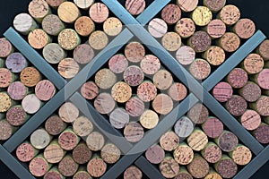 Corks displayed in a wine rack