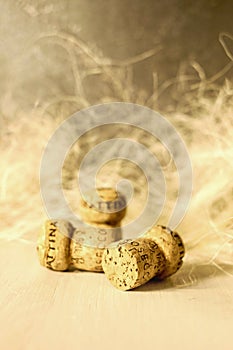 Cork stoppers on yellow background photo