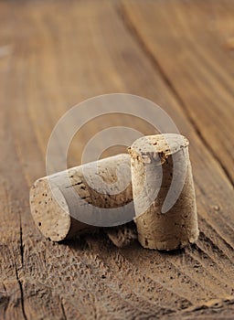 Corks on a wooden table, close up