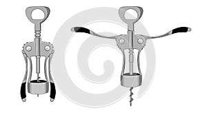 Corkscrew for opener wine bottles, metal wings, stock vector illustration.