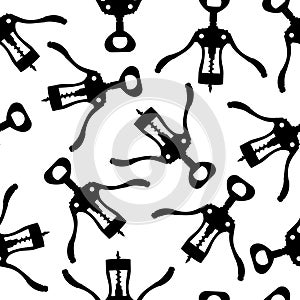 Corkscrew silhouette - seamless pattern in black and white. corkscrew - a kitchen tool to open a bottle. wine tasting