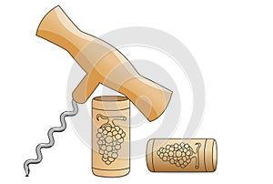 Corkscrew and two wine corks on white background