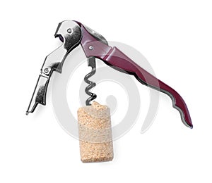 Corkscrew and wine bottle stopper isolated on white, top view