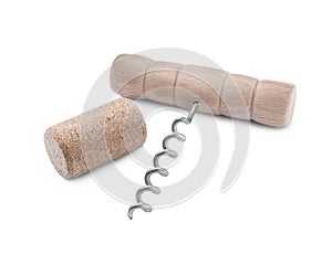 Corkscrew and wine bottle stopper on white background