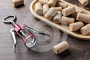 Corkscrew and wine bottle stoppers with plate on wooden table