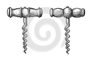 Corkscrew for wine bottle. Wine concept sketch. Black vintage engraved vector illustration isolated on white background