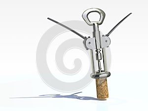 Corkscrew for wine and cork with shadow