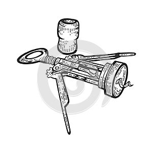 Corkscrew and wine cork sketch engraving vector