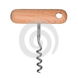 Corkscrew with wooden handle for wine bottle cork isolated on white