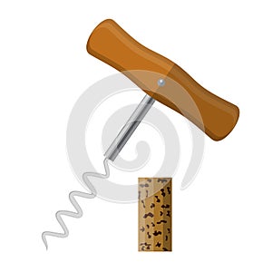 Corkscrew with wooden handle and wine cork.