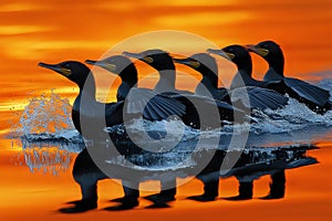 Cormorant Flight at Sunset Reflection