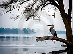 A cormorant sitting on a dry branch from a tree in the water. Generative AI