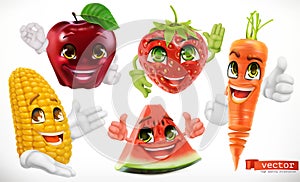 Corn, apple, strawberry, watermelon, carrot. 3d vector set icon