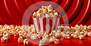 corn background red bucket holiday popcorn blue cinema food box film. Generative AI.