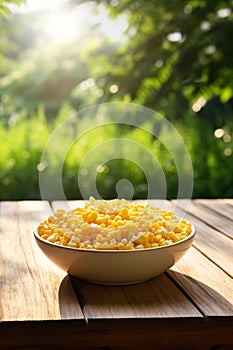 Corn in a bowl against the backdrop of the garden. Selective focus.