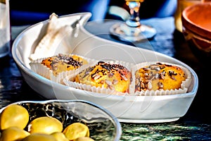 Corn bread closeup with olives