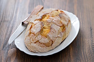 Corn bread with knife on white dish