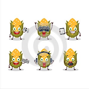 Corn cartoon character are playing games with various cute emoticons