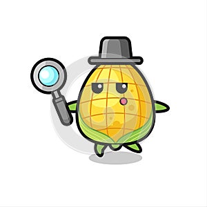 Corn cartoon character searching with a magnifying glass
