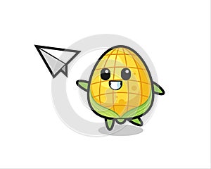 Corn cartoon character throwing paper airplane