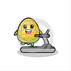 Corn cartoon character walking on the treadmill