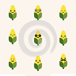 Corn character flat design vector illustration . Cute funny corn in cartoon kawai style. Vector isolate on color background