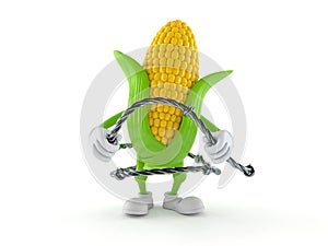 Corn character holding barbed wire