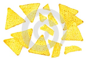 corn chips nachos isolated on white background. top view