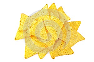 corn chips nachos isolated on white background. top view